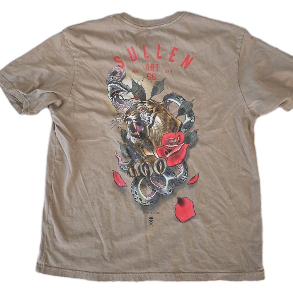 Sullen Angels Tiger Snake Rose Tattoo Art Tan Cotton Tee Shirt Womens Sz L